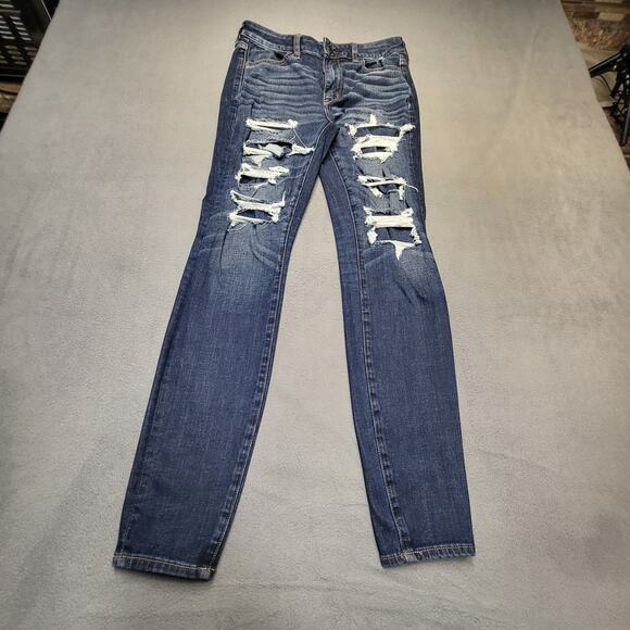 American Eagle Jeans Womens 8 Blue High Rise Jegging Distressed Stretch Denim - Picture 1 of 11